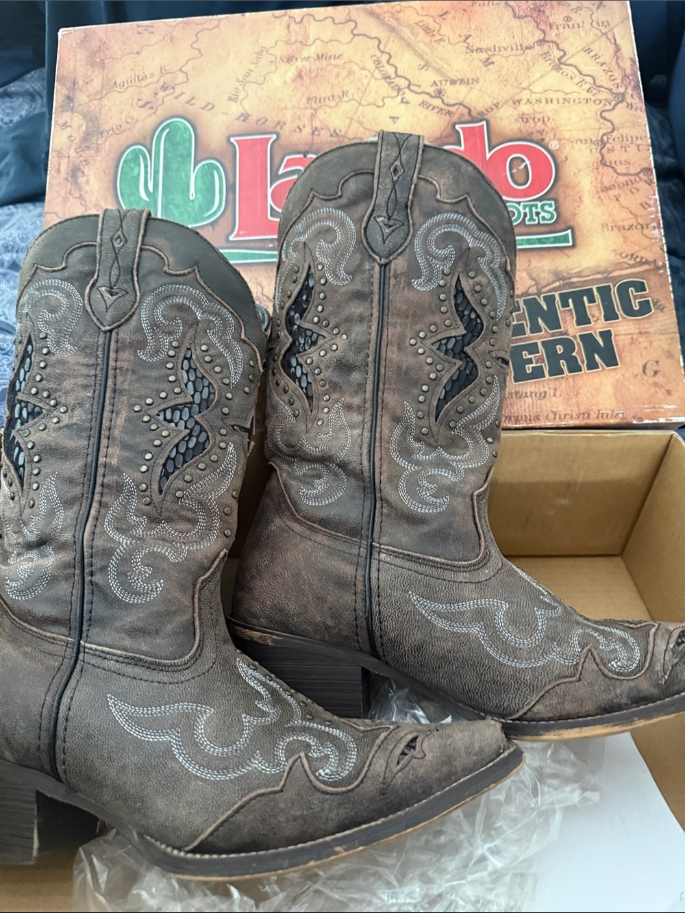 Laredo Brown Distressed Studded Western Cowgirl Boots